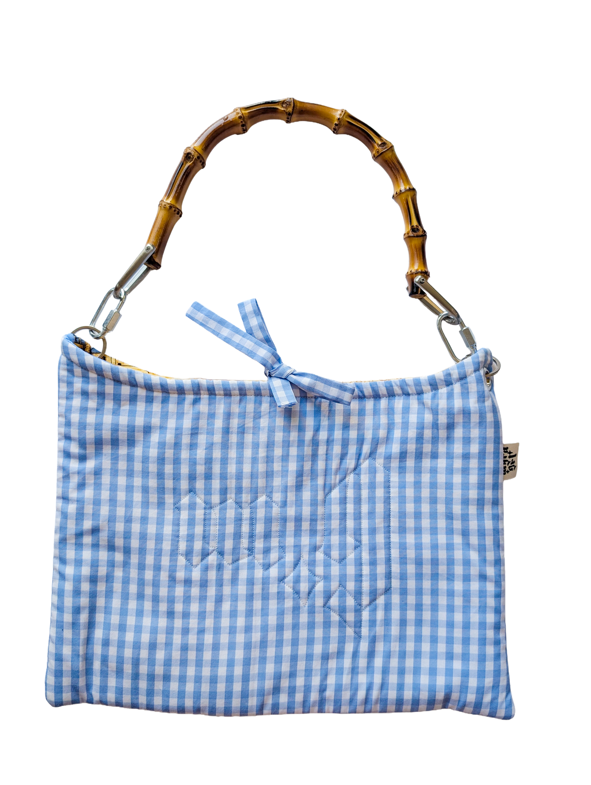 SCRUNCH BAG // blue gingham with bamboo handle