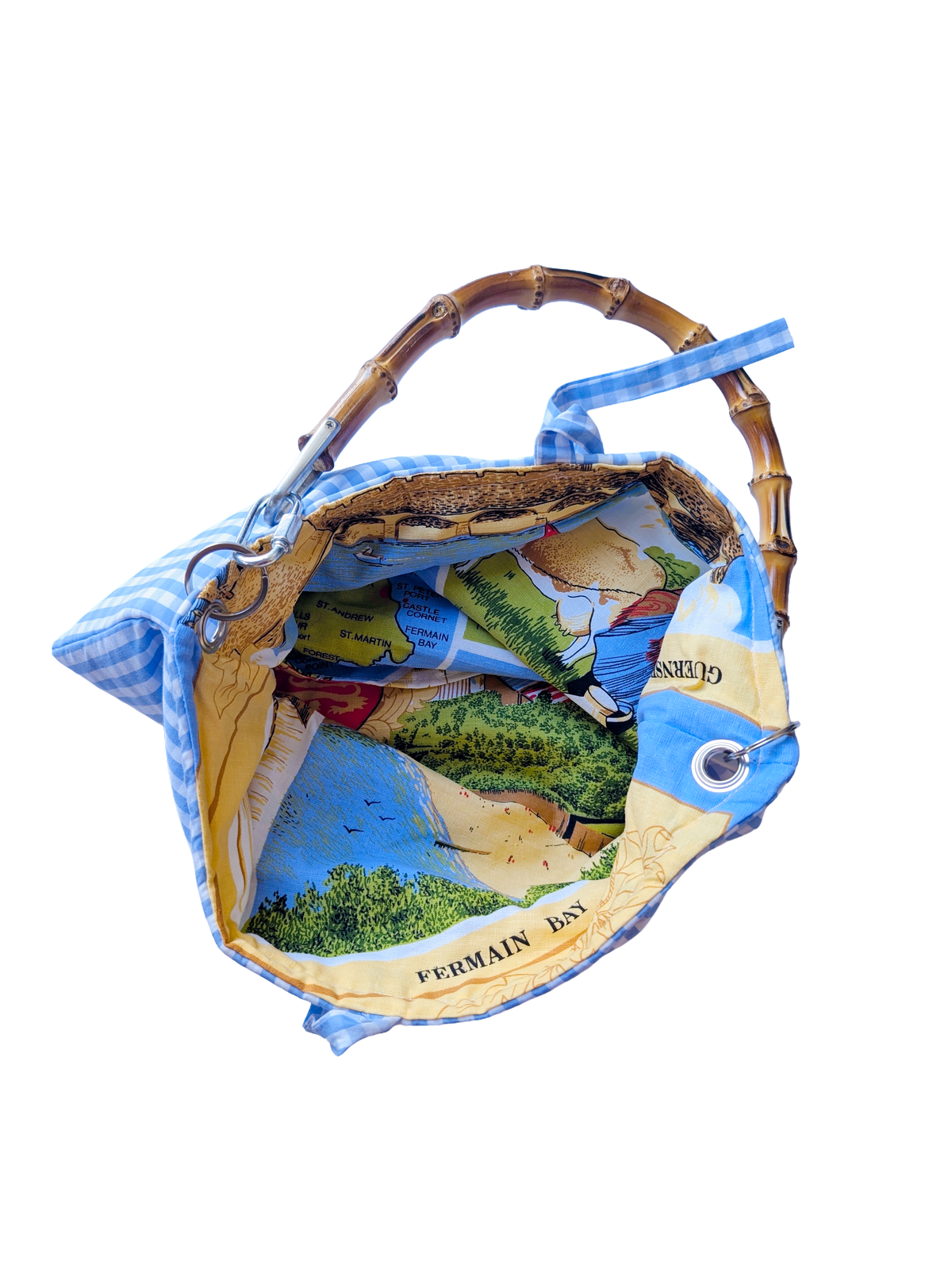 SCRUNCH BAG // blue gingham with bamboo handle