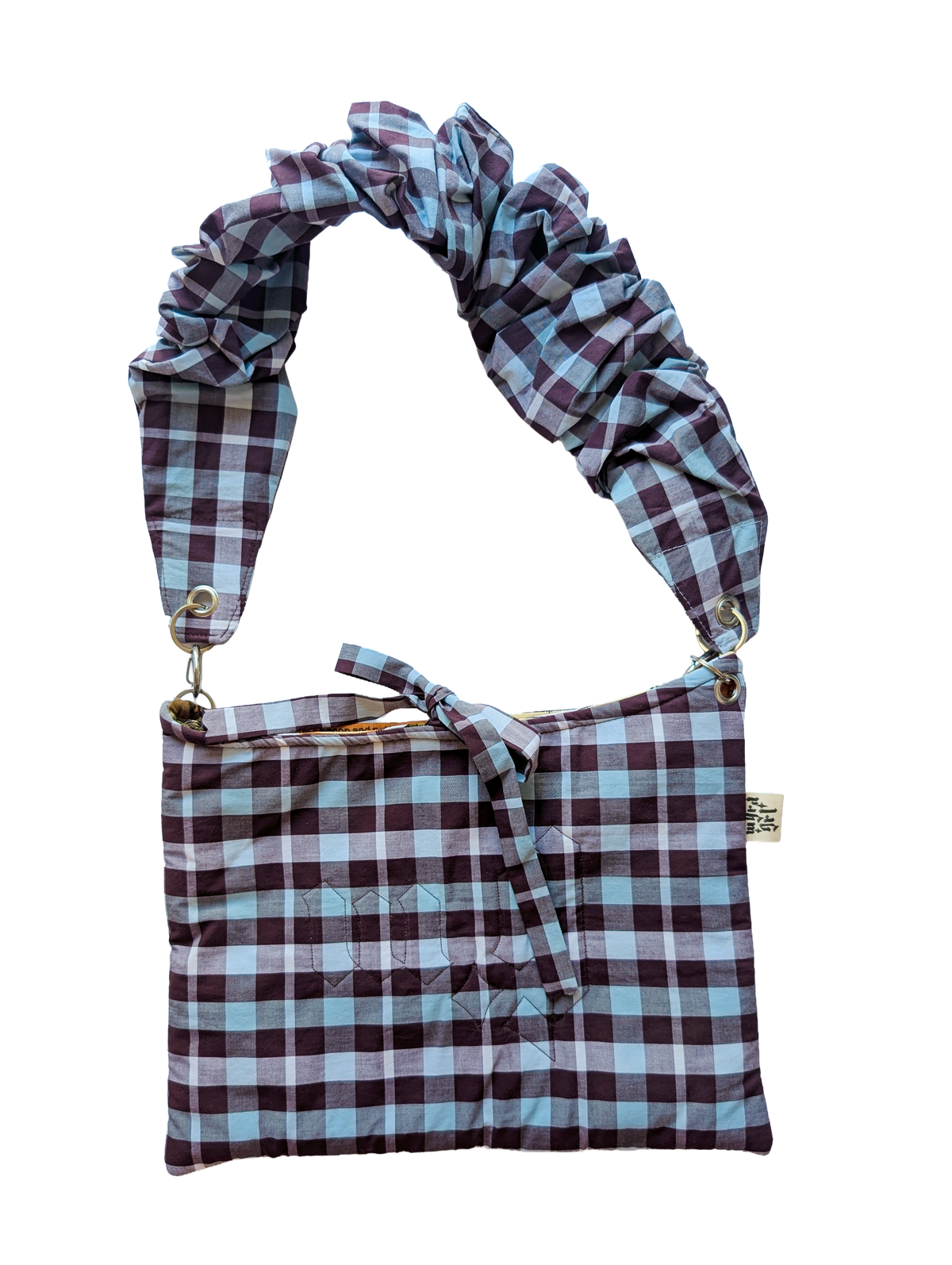 SCRUNCH BAG // aubergine/sky blue check